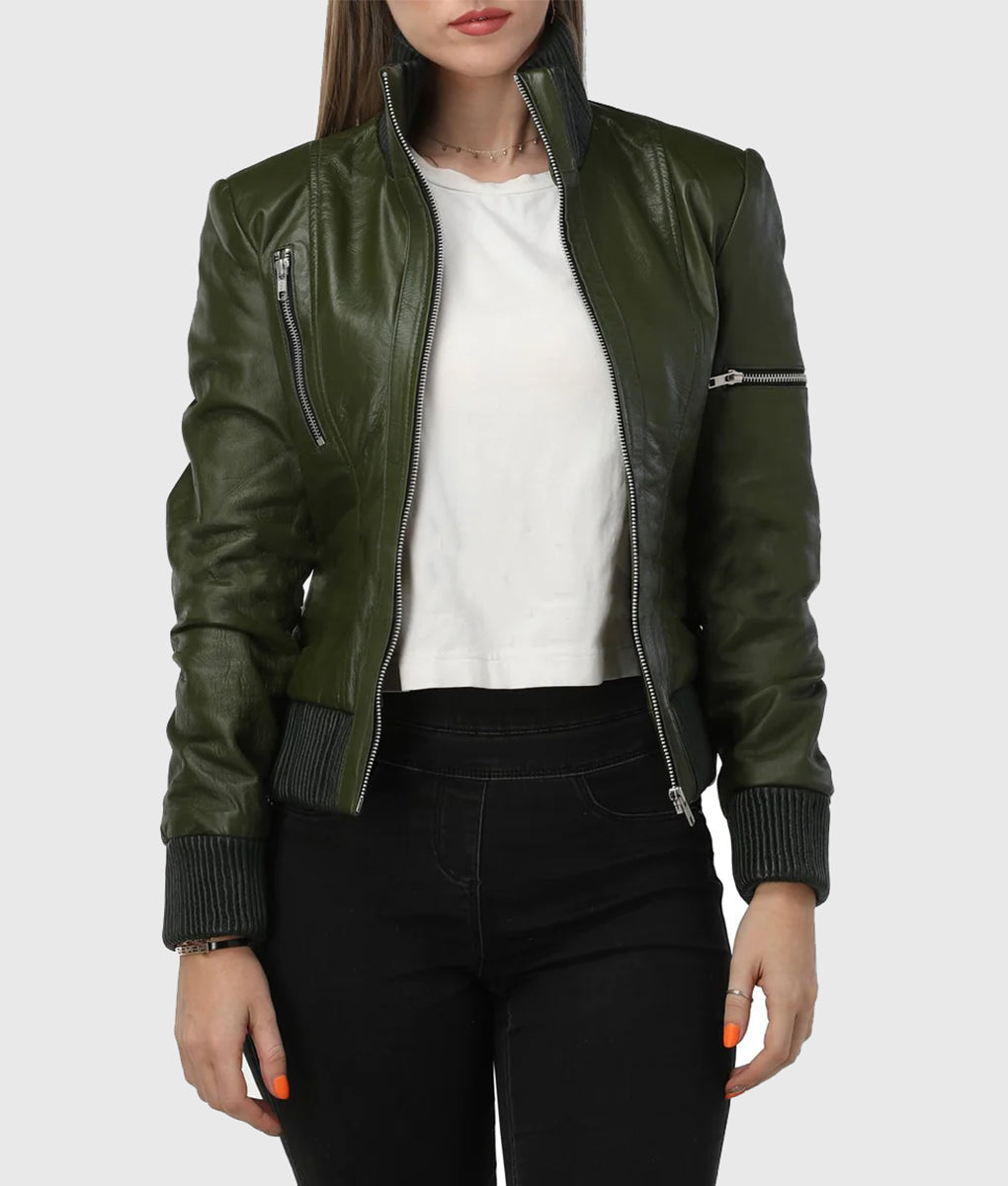 Shop Women's Green Bomber Leather Jacket