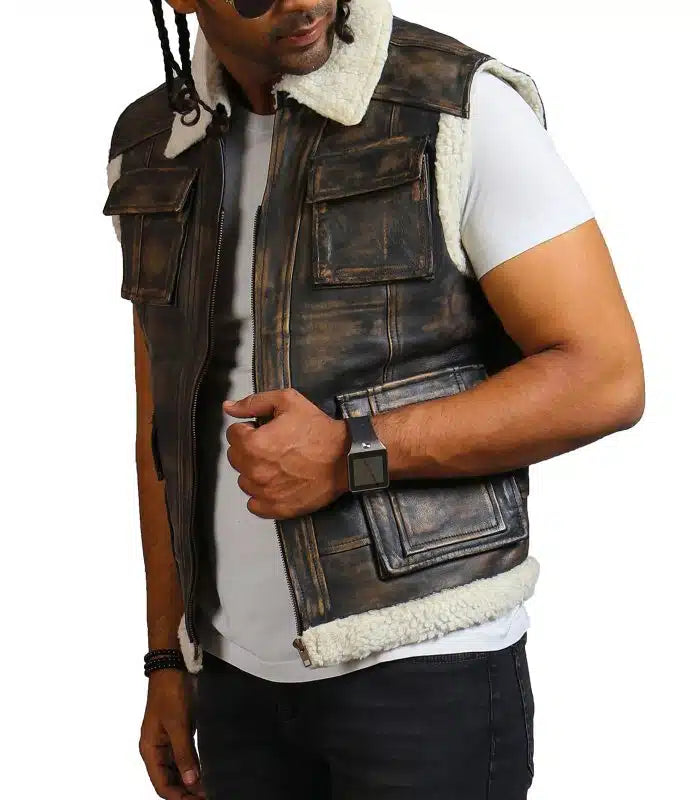 Shop Brown Waxed Faux Fur Leather Vest