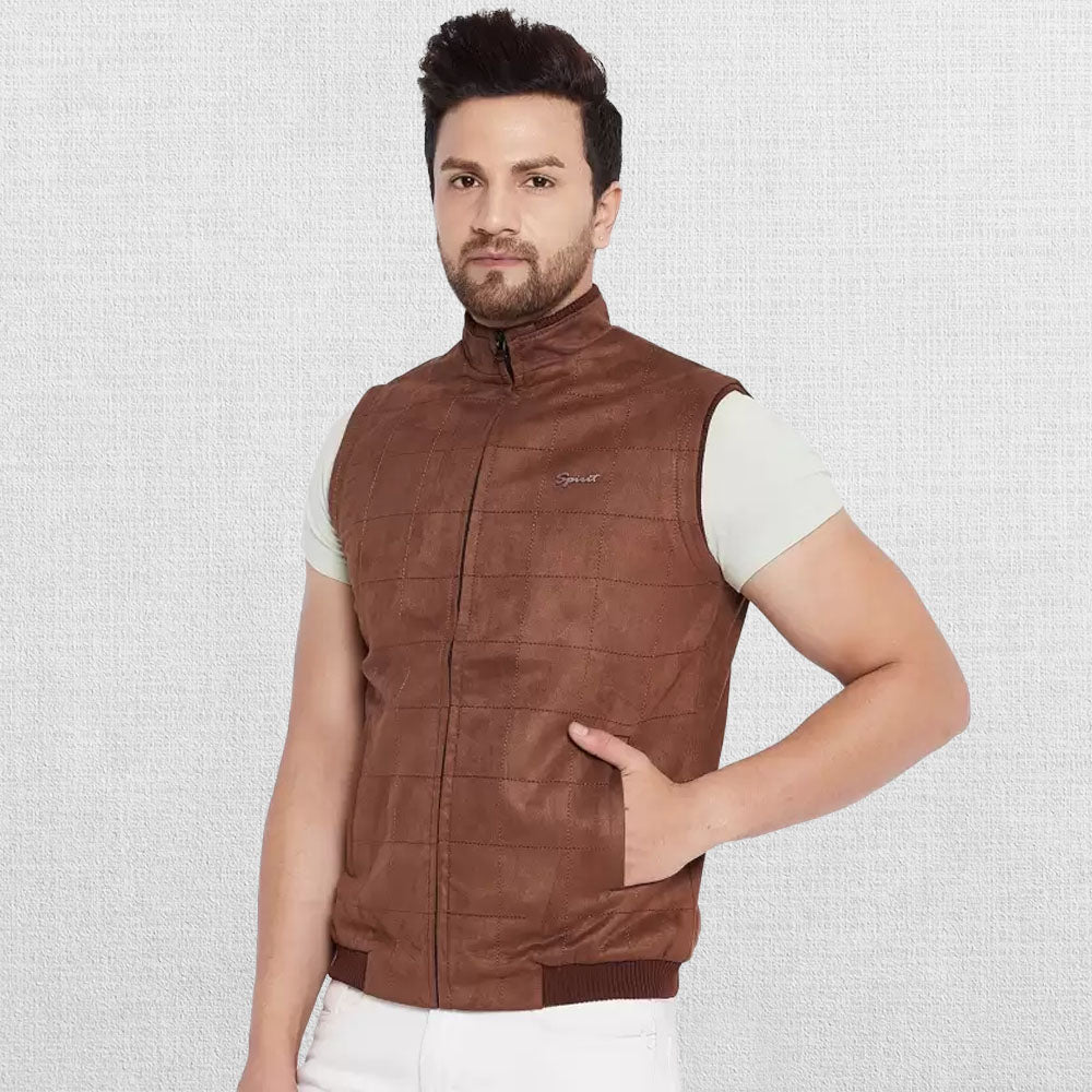 Shop Men Brown Suede Bomber Leather Vests