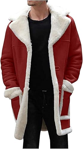 Men's Red Shearling Coat, Warm Winter Jacket, Festive Button-Front Long Coat, Christmas Outerwear, Cozy Suede-Look
