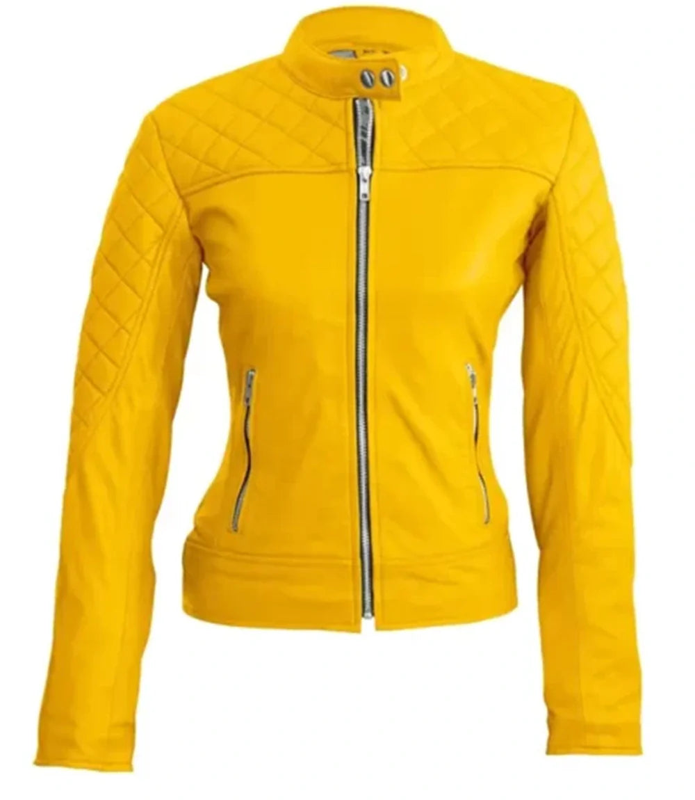 Shop Womens Yellow Biker Quilted Leather Jacket By TJS
